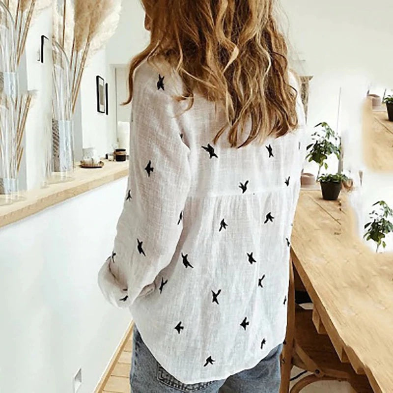 V-neck Floral Print Casual Button Long Sleeve Street Wear Shirt Mssza