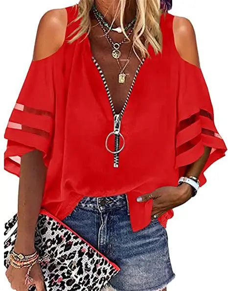 V-neck Half Horn Sleeve Grid Loose Leisure Shirt Mssza