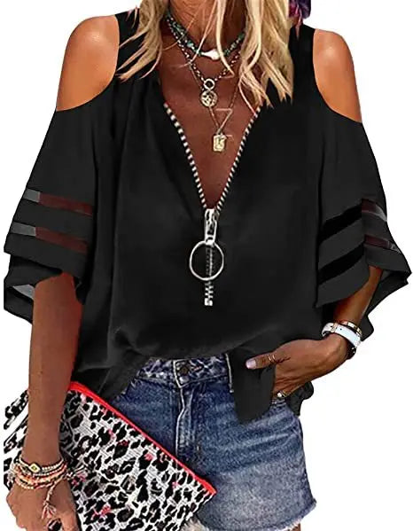 V-neck Half Horn Sleeve Grid Loose Leisure Shirt Mssza