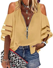 V-neck Half Horn Sleeve Grid Loose Leisure Shirt Mssza
