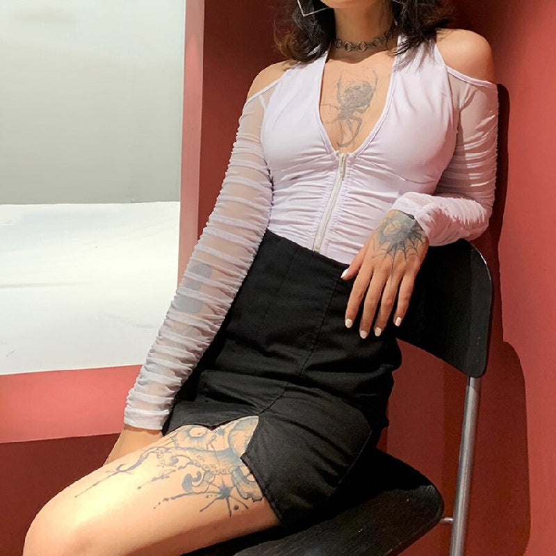 V-neck Mesh See through Off Strapless Sleeve Crop Top Mssza