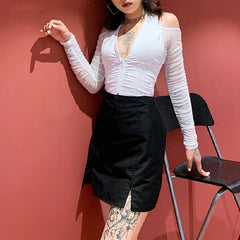 V-neck Mesh See through Off Strapless Sleeve Crop Top Mssza