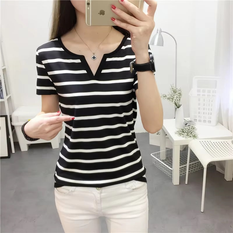 V Neck Striped Short Sleeve Fashionable T-shirt Mssza