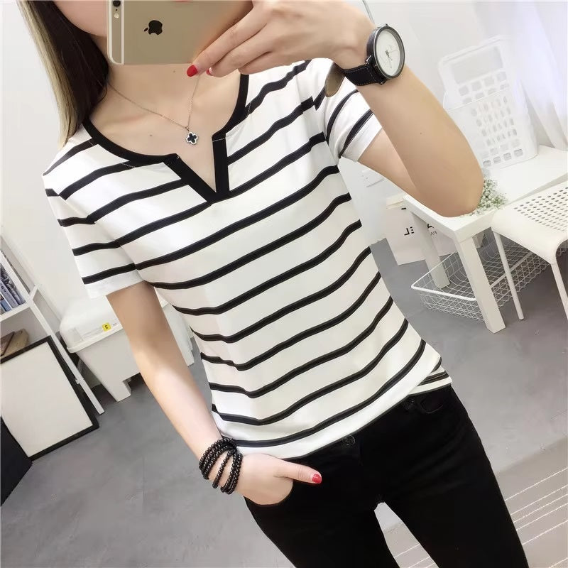 V Neck Striped Short Sleeve Fashionable T-shirt Mssza