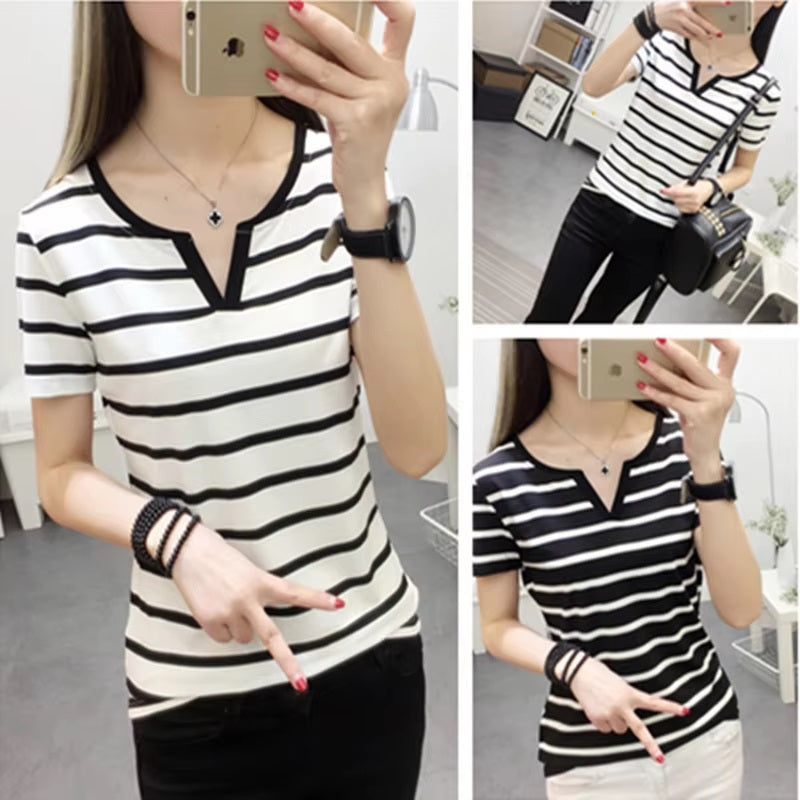 V Neck Striped Short Sleeve Fashionable T-shirt Mssza