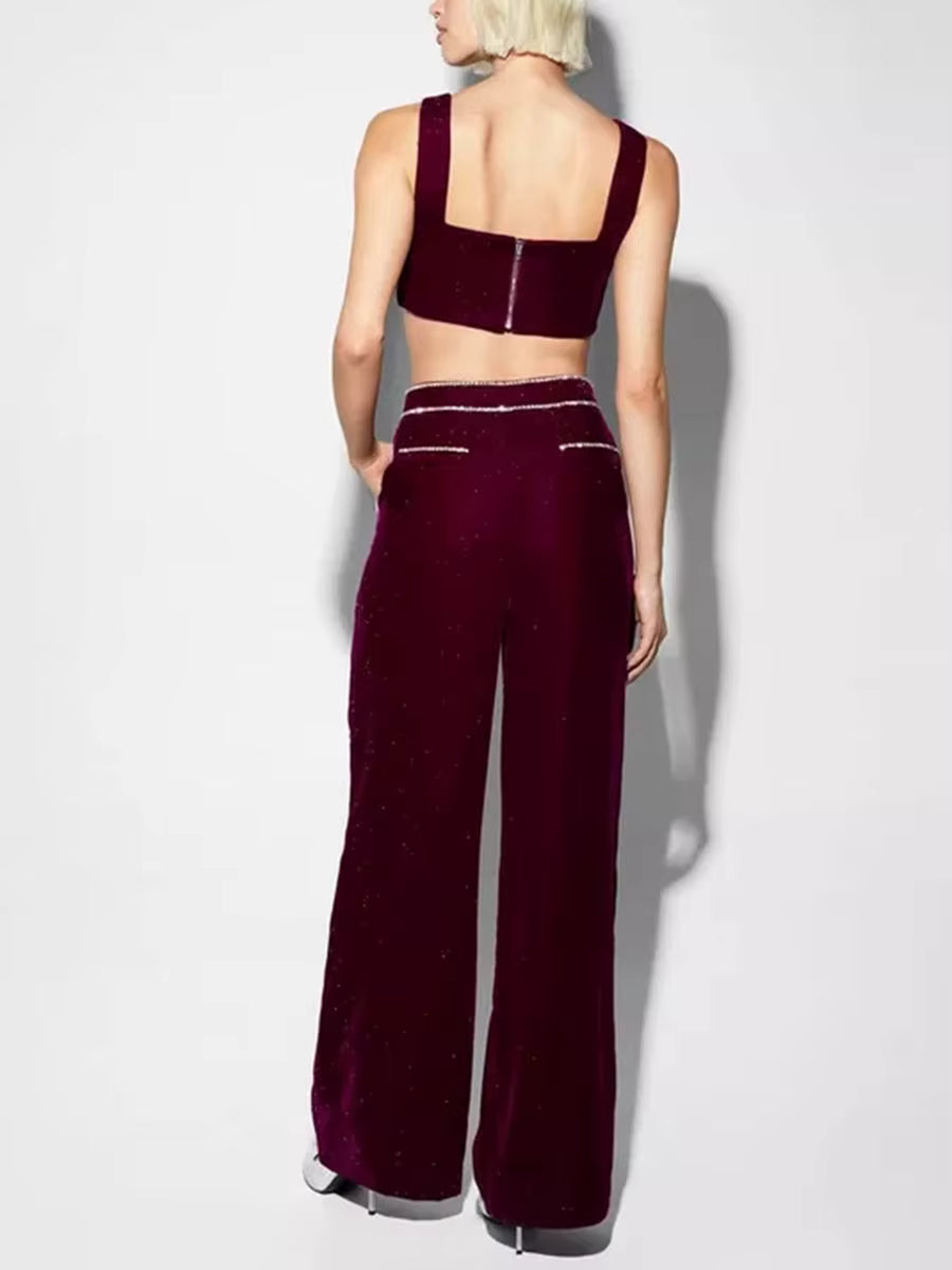 Elegant Spliced Diamonds Square Neck Sleeveless Top High Waist Pant Two Piece Set Mssza