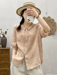 Breathable Turn-Down Collar Cotton Linen Pocket Retro Style Half Sleeve Loose Shirt Mssza