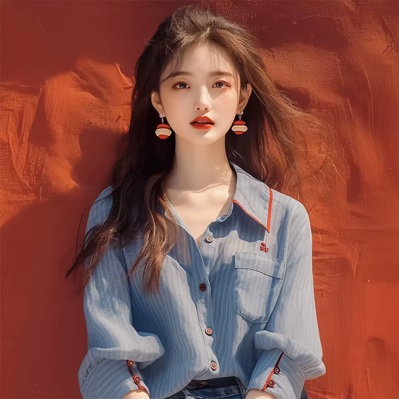 Vintage Single Breasted Turn-down Collar Chiffon Stripe Loose Shirt Mssza