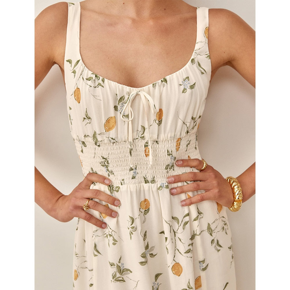 Sleeveless Tank Print Chiffon  Dress Waist Casual Midi Dress Mssaz Desses