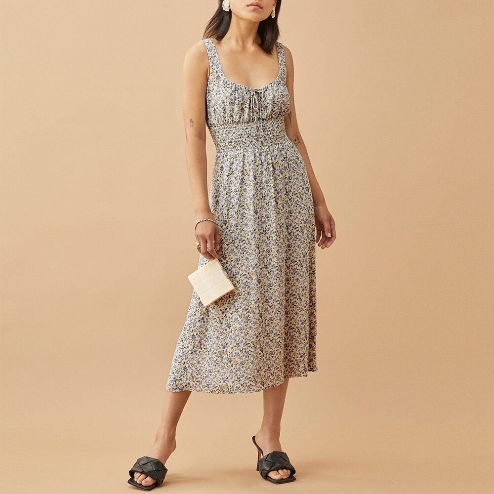 Sleeveless Tank Print Chiffon  Dress Waist Casual Midi Dress Mssaz Desses
