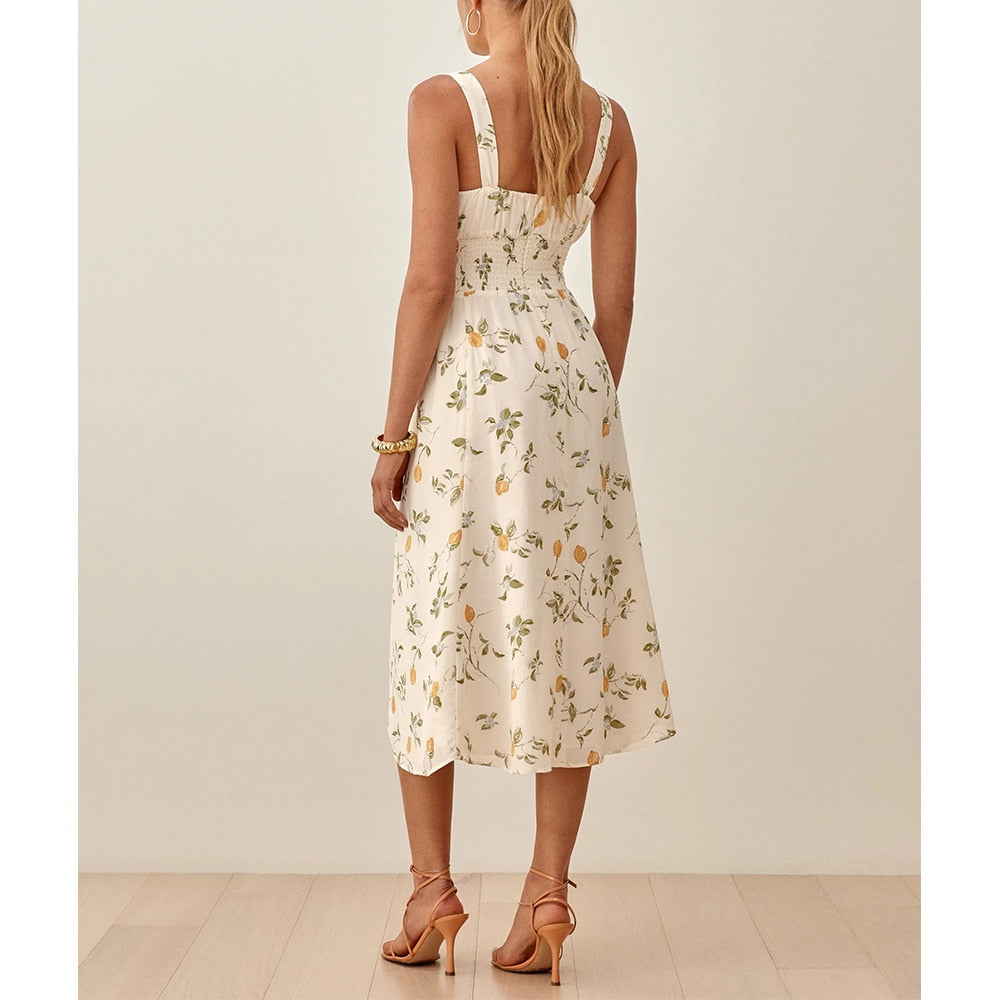 Sleeveless Tank Print Chiffon  Dress Waist Casual Midi Dress Mssaz Desses
