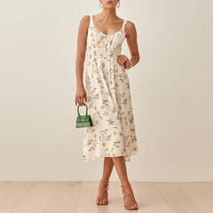 Sleeveless Tank Print Chiffon  Dress Waist Casual Midi Dress Mssaz Desses
