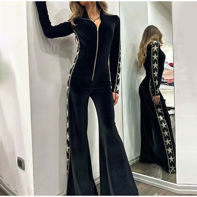 Velvet Patchwork Zipper Elegant Lapel Star Print Overalls Long Sleeve Jumpsuit Mssza