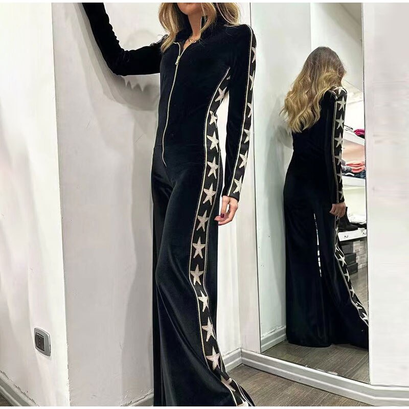Velvet Patchwork Zipper Elegant Lapel Star Print Overalls Long Sleeve Jumpsuit Mssza