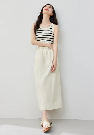 Versatile Straight Casual Elasticated Waist Solid Elegant Midi Skirts Mssza