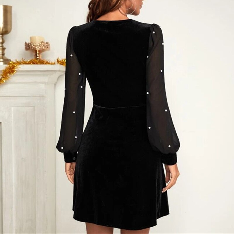 Velvet Mesh Puff Sleeves Deep V Neck A-line Skirt Mssaz Desses