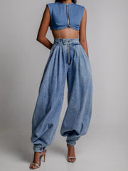Vintage Balloon High Waist Button Fly Zipper Denim Loose Harem Mssza