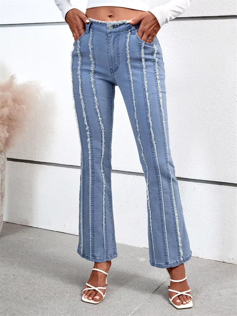 Vintage Bell-Bottoms Mid Waist Stretch Slim Denim Streetwear Raw Trim Flare Jeans Mssza