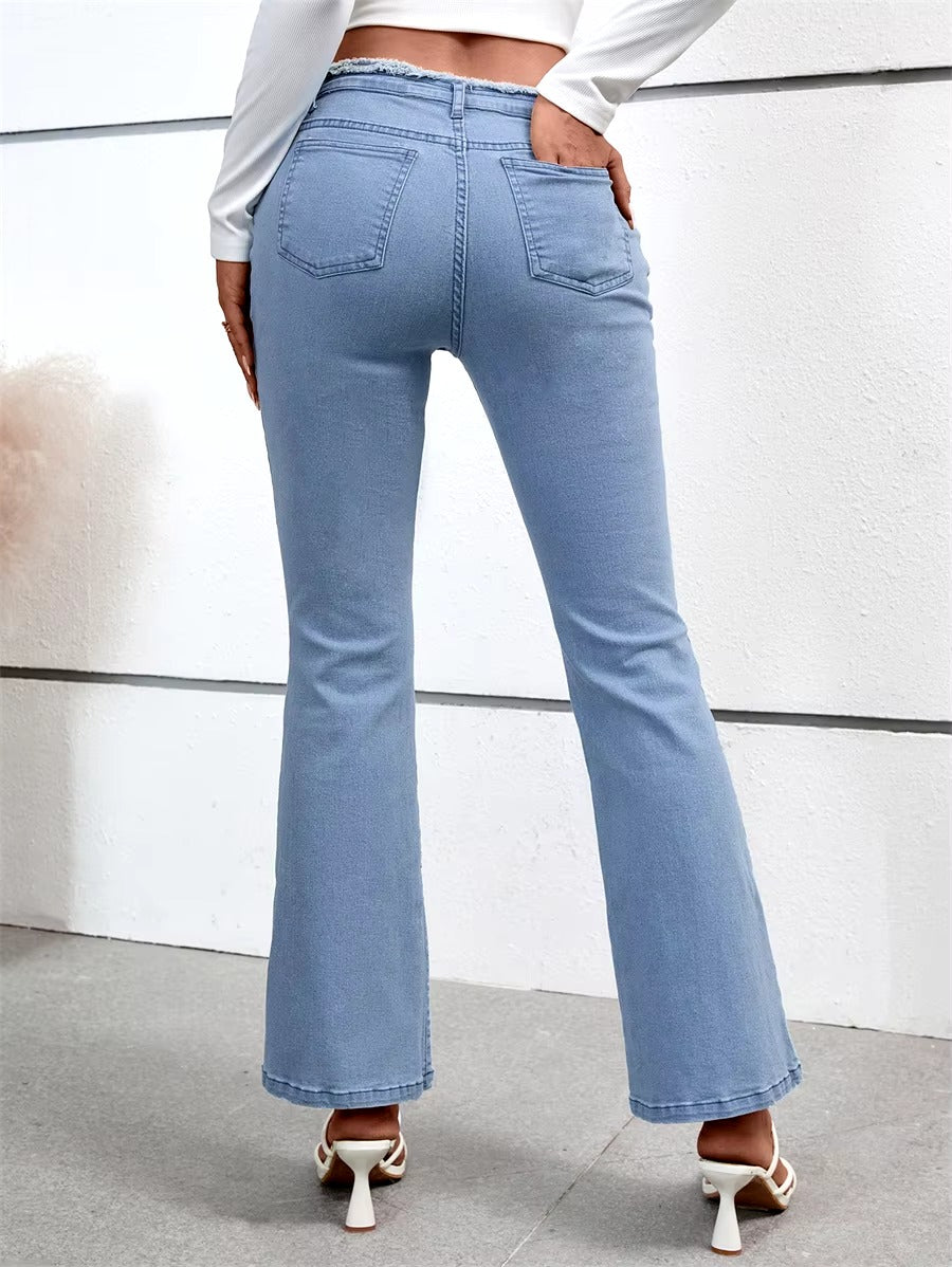 Vintage Bell-Bottoms Mid Waist Stretch Slim Denim Streetwear Raw Trim Flare Jeans Mssza