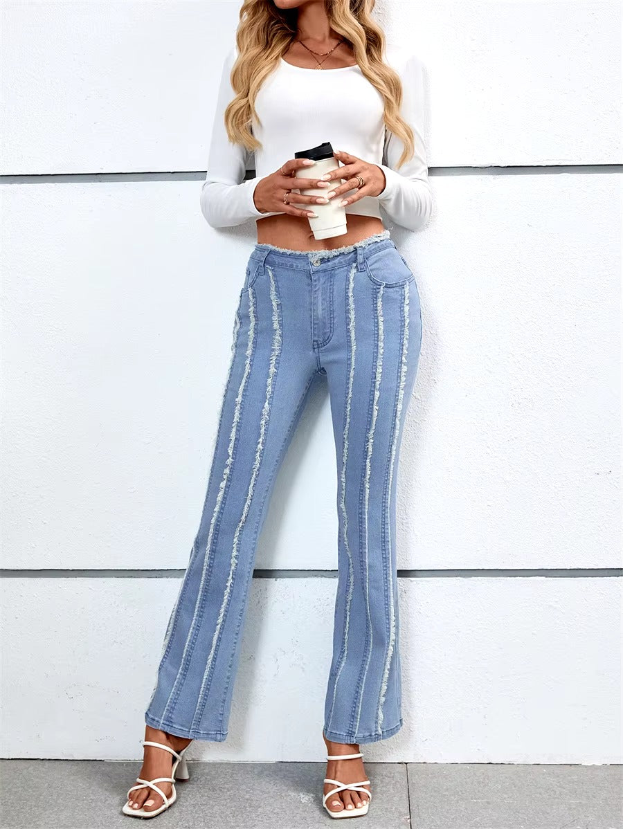 Vintage Bell-Bottoms Mid Waist Stretch Slim Denim Streetwear Raw Trim Flare Jeans Mssza