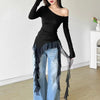 Vintage Blended Patchwork Skew Collar Slim Fit Tops Mssza