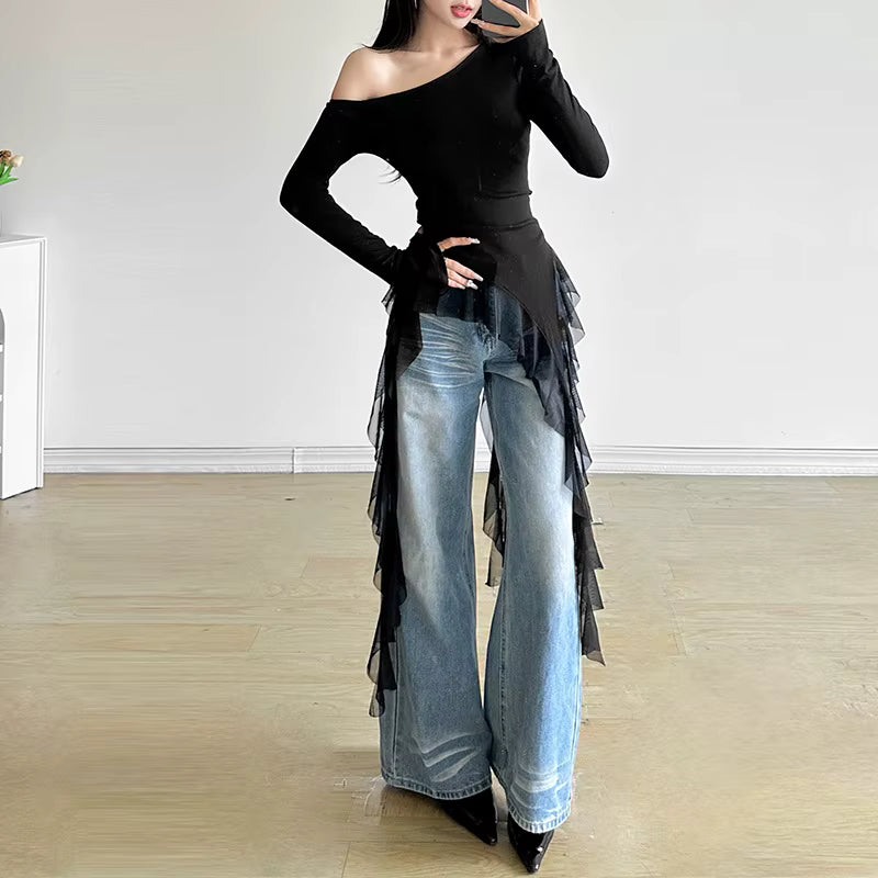 Vintage Blended Patchwork Skew Collar Slim Fit Tops Mssza