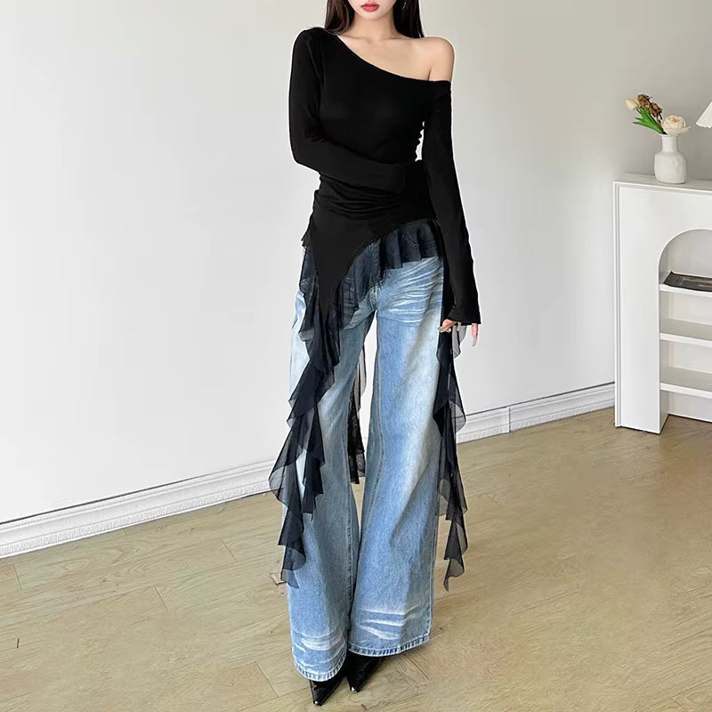 Vintage Blended Patchwork Skew Collar Slim Fit Tops Mssza