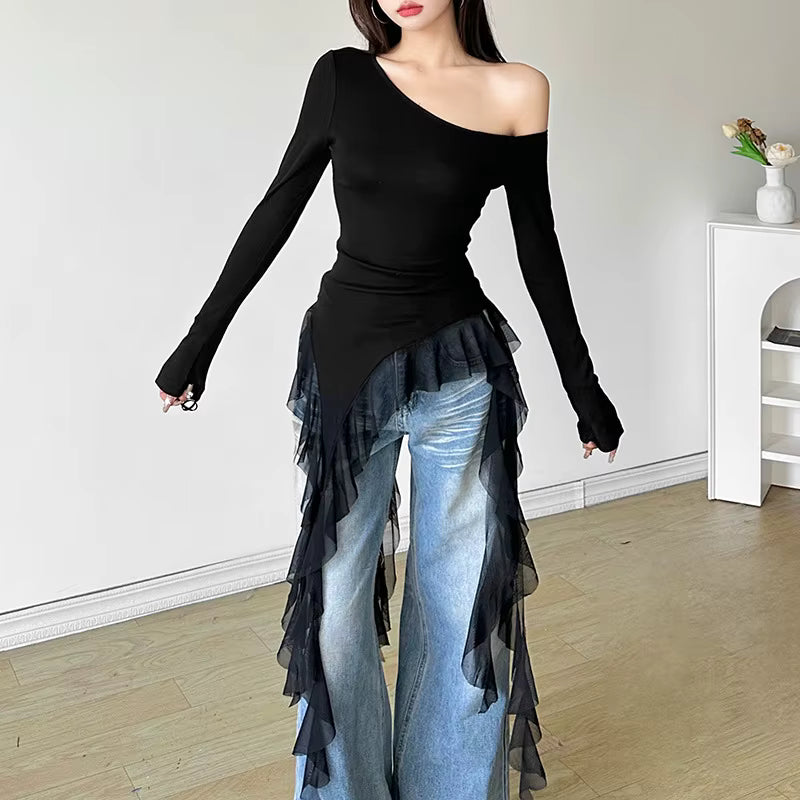 Vintage Blended Patchwork Skew Collar Slim Fit Tops Mssza