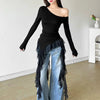 Vintage Blended Patchwork Skew Collar Slim Fit Tops Mssza