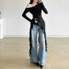 Vintage Blended Patchwork Skew Collar Slim Fit Tops Mssza