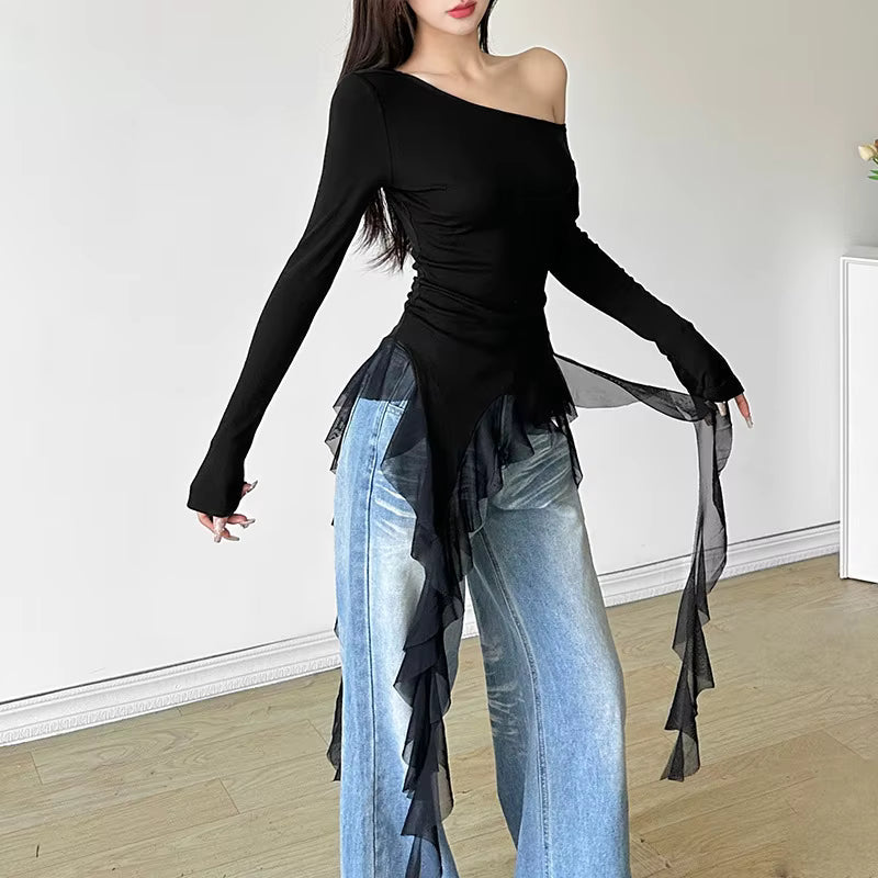 Vintage Blended Patchwork Skew Collar Slim Fit Tops Mssza
