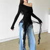 Vintage Blended Patchwork Skew Collar Slim Fit Tops Mssza