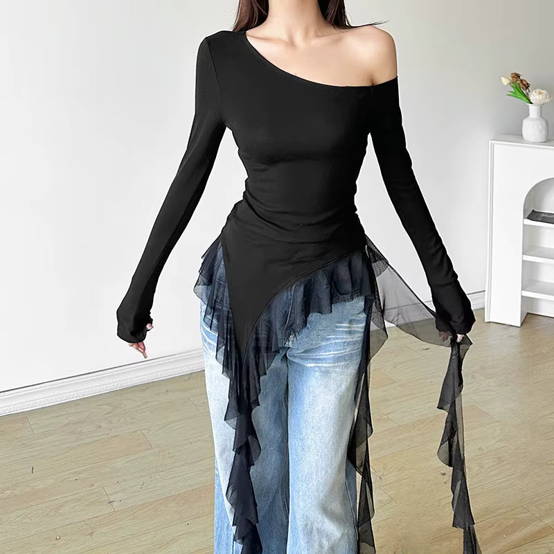 Vintage Blended Patchwork Skew Collar Slim Fit Tops Mssza