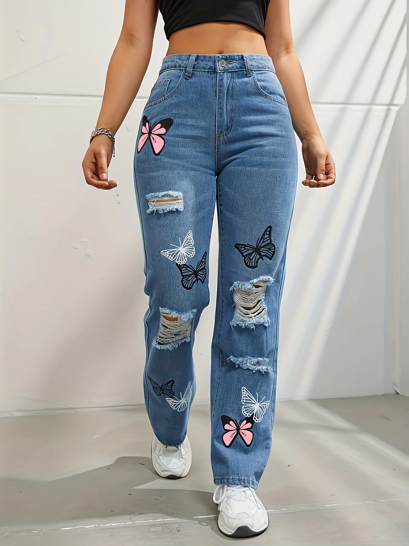 Vintage Butterfly Printing Denim Holes Jeans Straight Pants Mssza