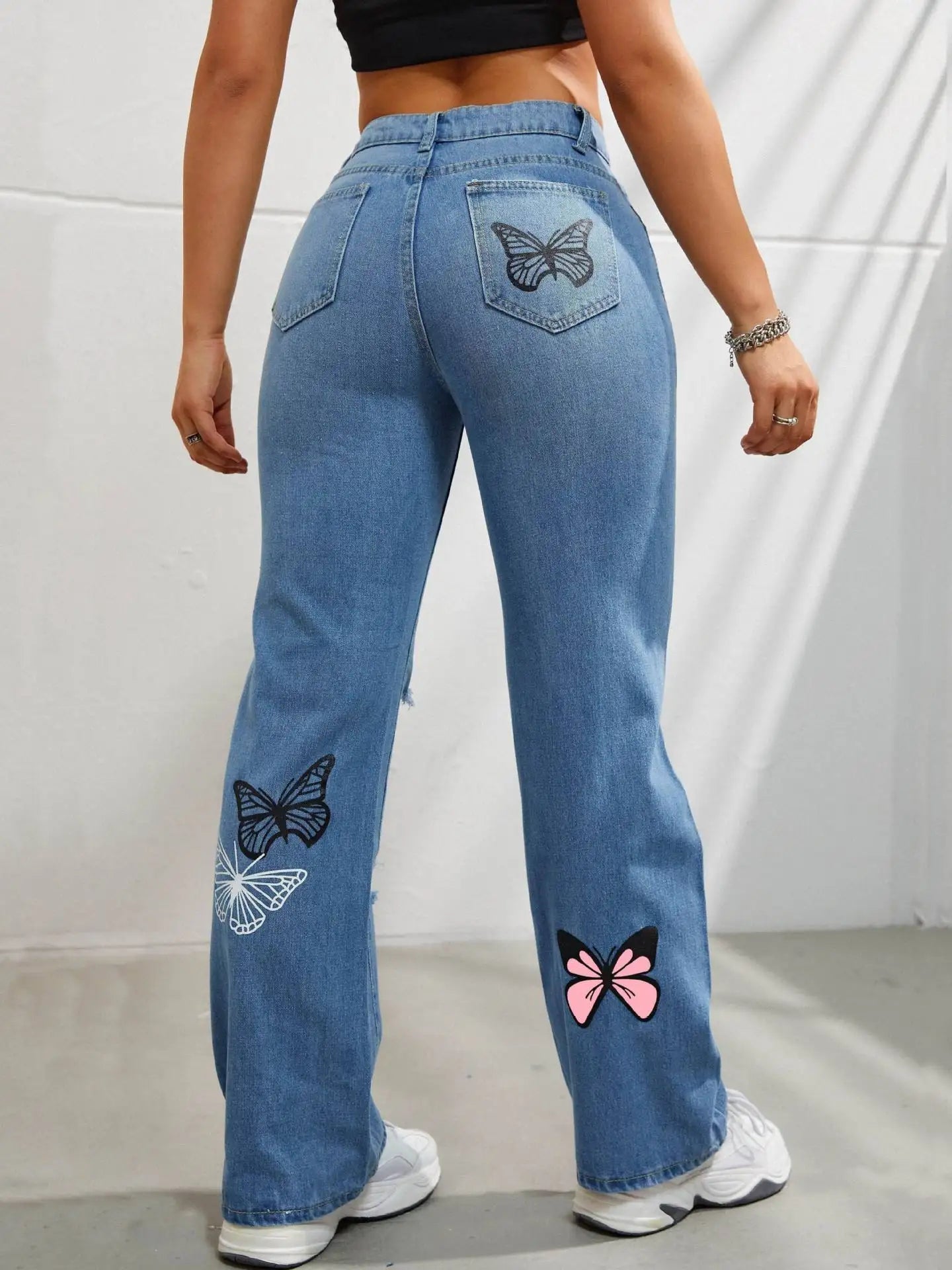 Vintage Butterfly Printing Denim Holes Jeans Straight Pants Mssza