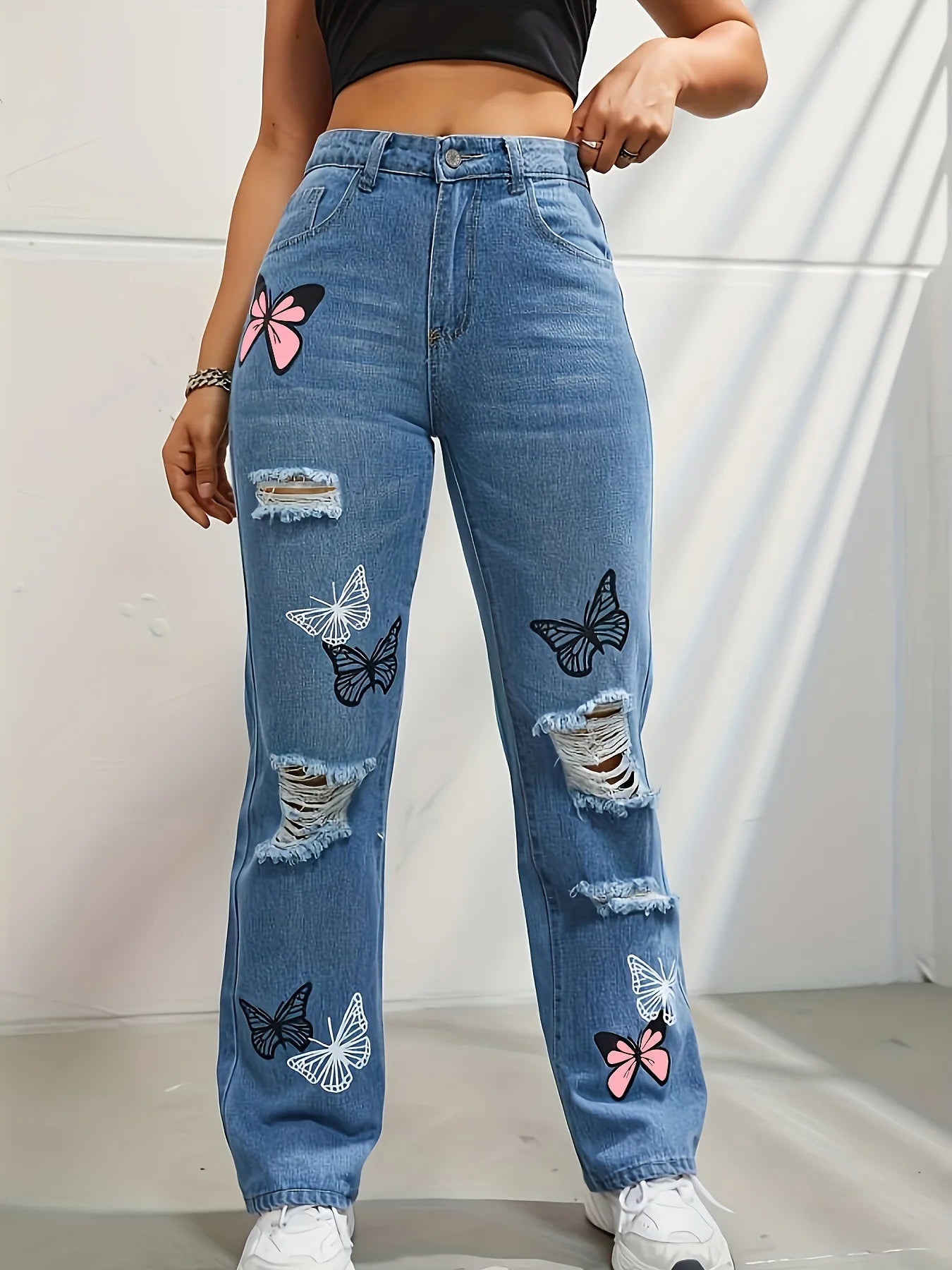 Vintage Butterfly Printing Denim Holes Jeans Straight Pants Mssza