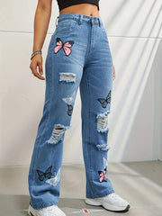 Vintage Butterfly Printing Denim Holes Jeans Straight Pants Mssza