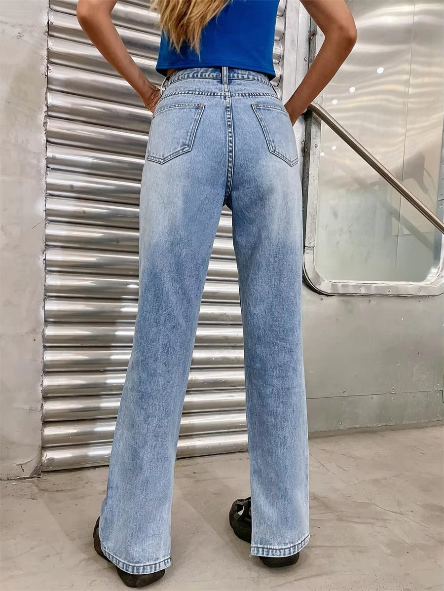 Vintage Button Fly Straight Streetwear Casual Loose High Waist Split Jeans Mssza