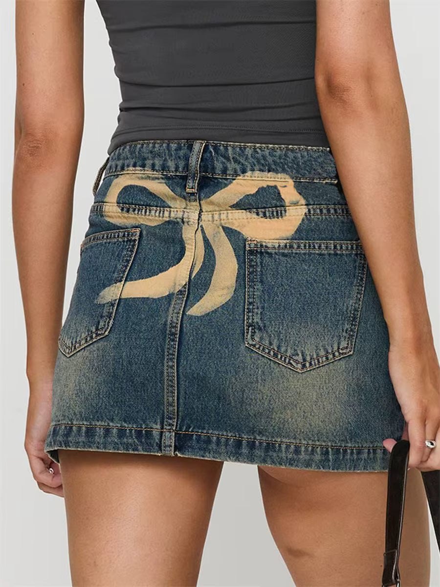 Vintage Button With Pockets High Waist Back Bow Print Slim Fit Short Mini Skirts Mssza