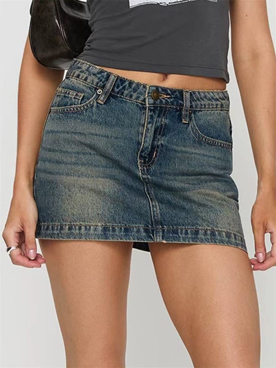 Vintage Button With Pockets High Waist Back Bow Print Slim Fit Short Mini Skirts Mssza
