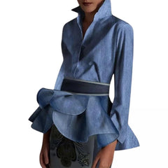 Vintage Buttoned Ruffled Lapel with Belted Class Long Sleeves Shirts Tops Mssza