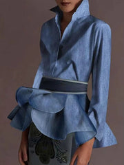 Vintage Buttoned Ruffled Lapel with Belted Class Long Sleeves Shirts Tops Mssza