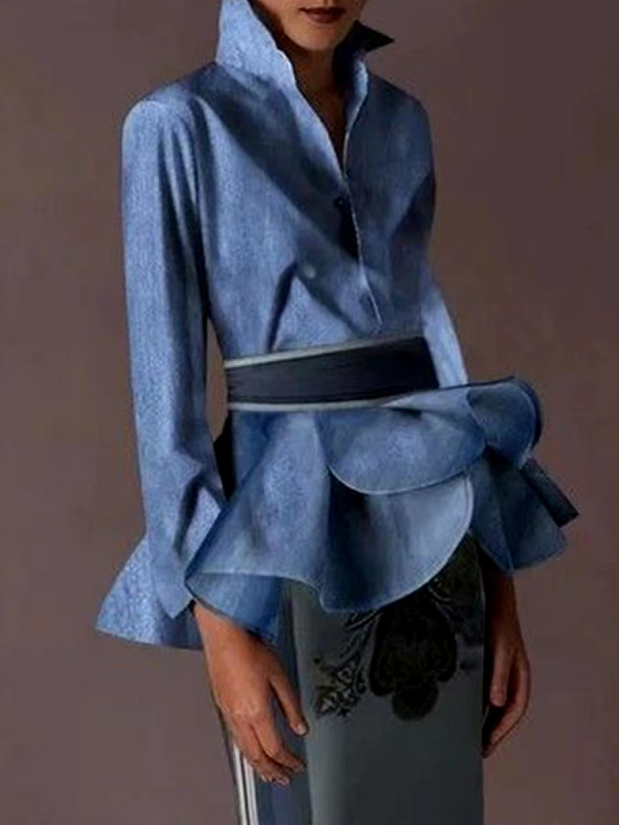 Vintage Buttoned Ruffled Lapel with Belted Class Long Sleeves Shirts Tops Mssza