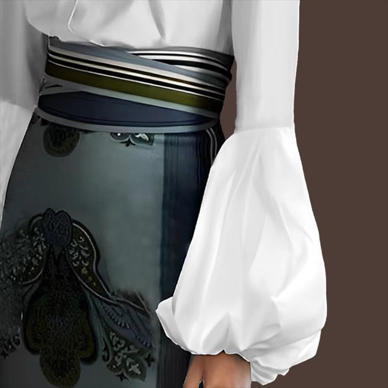 Elegant Solid Long Sleeves Buttoned Ruffled Lapel with Belted Vintage Shirts Tops Mssza