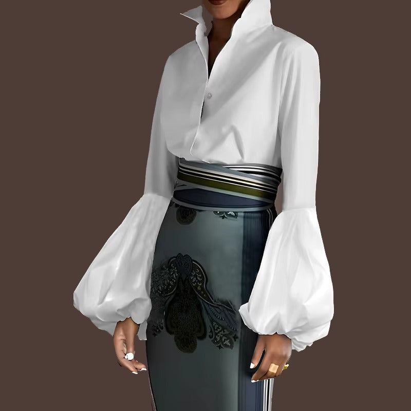 Elegant Solid Long Sleeves Buttoned Ruffled Lapel with Belted Vintage Shirts Tops Mssza
