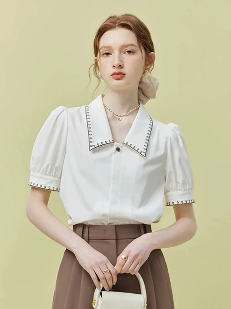 Vintage Casual Elegant Embroidery Sweet Short Sleeve Simple Off Lady Tops Mssza