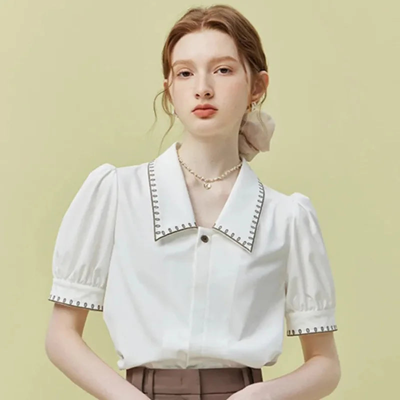 Vintage Casual Elegant Embroidery Sweet Short Sleeve Simple Off Lady Tops Mssza