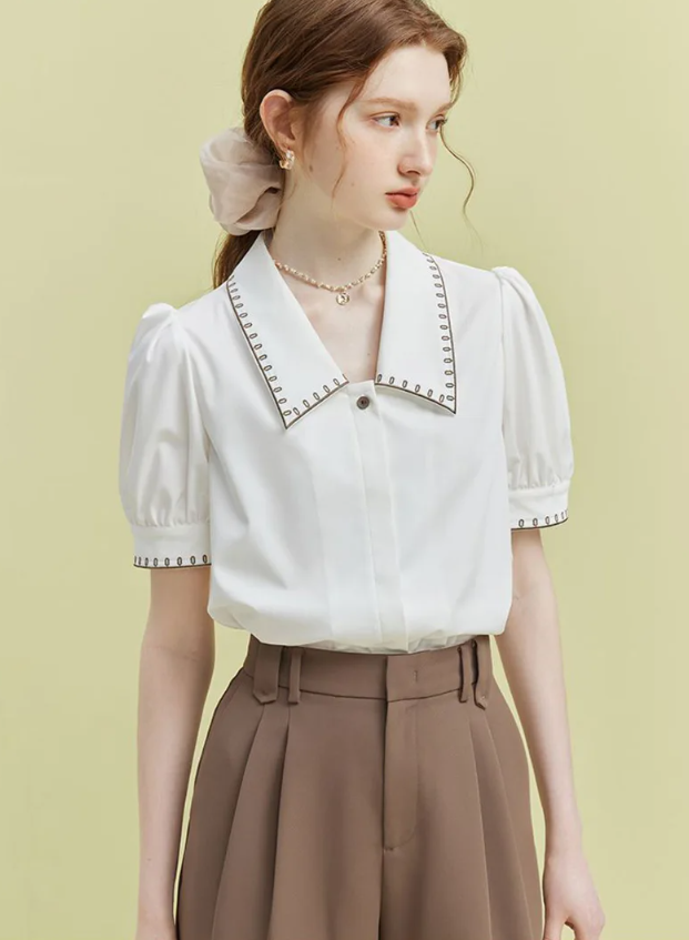 Vintage Casual Elegant Embroidery Sweet Short Sleeve Simple Off Lady Tops Mssza