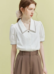 Vintage Casual Elegant Embroidery Sweet Short Sleeve Simple Off Lady Tops Mssza