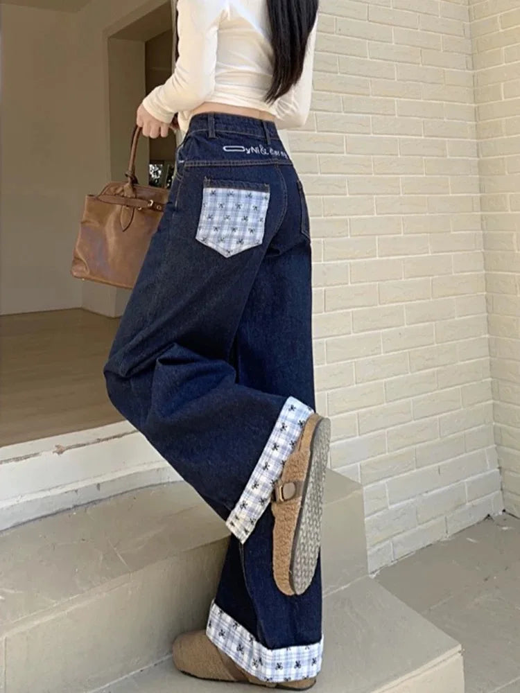 Vintage Casual Plaid Patchwork Denim Street Retro High Waist Sweet Bow Print Pants Mssza